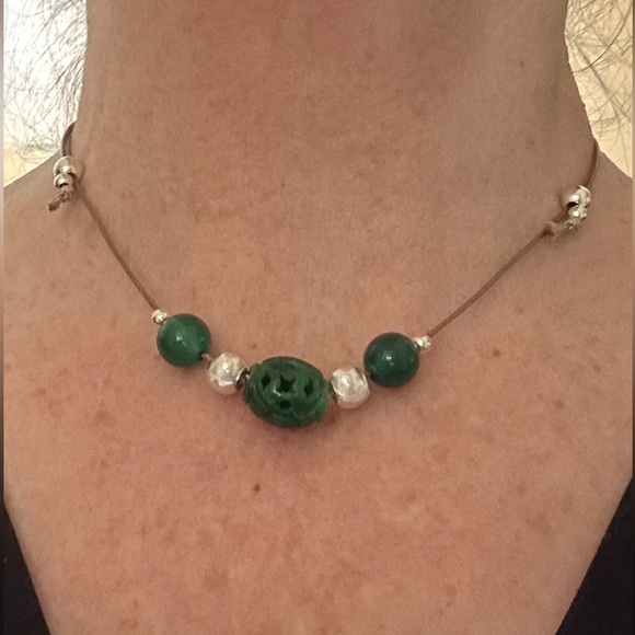 ARTISAN Carved Green Jade & Agate Silver Bead Adjustable Tan Cord Necklace - Picture 2 of 8